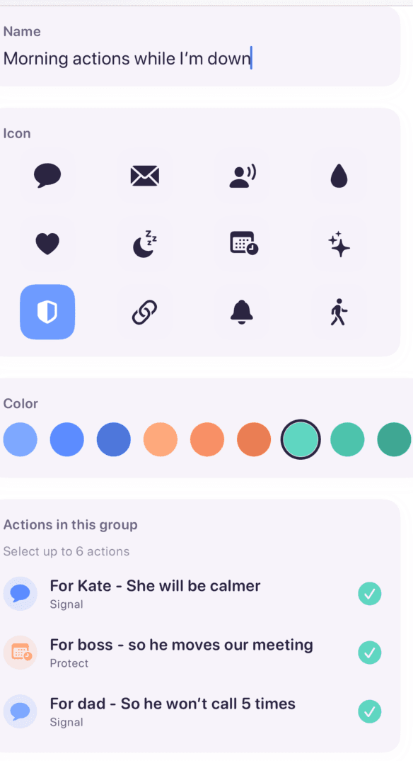 Action group editor showing name, icon, color picker, and selected actions